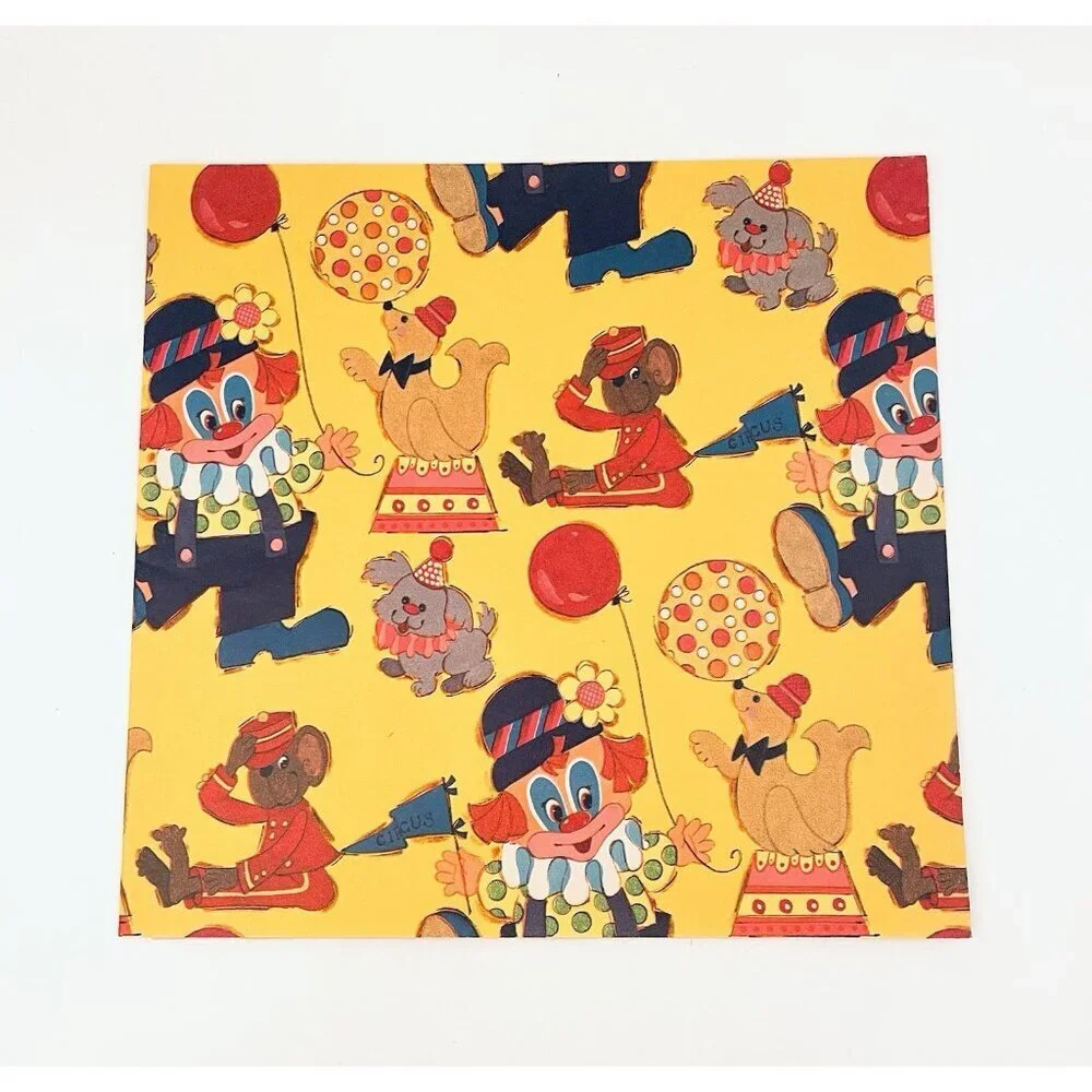 Vintage Gift Wrap Circus Clowns & Animals in Ties Yellow 80s Moose Peacock Paper